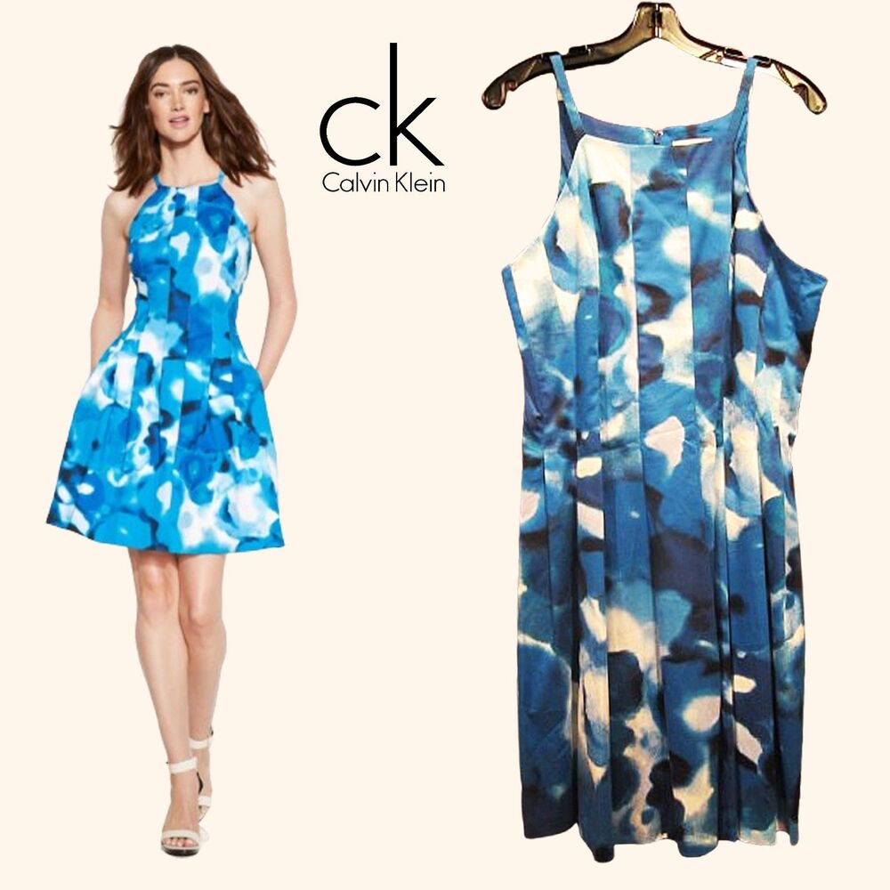 CALVIN KLEIN NEW Indie Watercolor Floral Halter Pleated Fit & Flare Dress 14